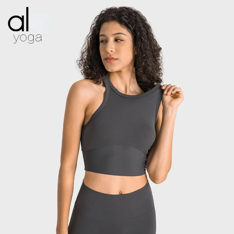 Al Yoga Bar Lycra Kadınların Yüksek Boyun Anti Glare Yoga Top Çıplak Elastik Şok Spor Fitness Deps Top