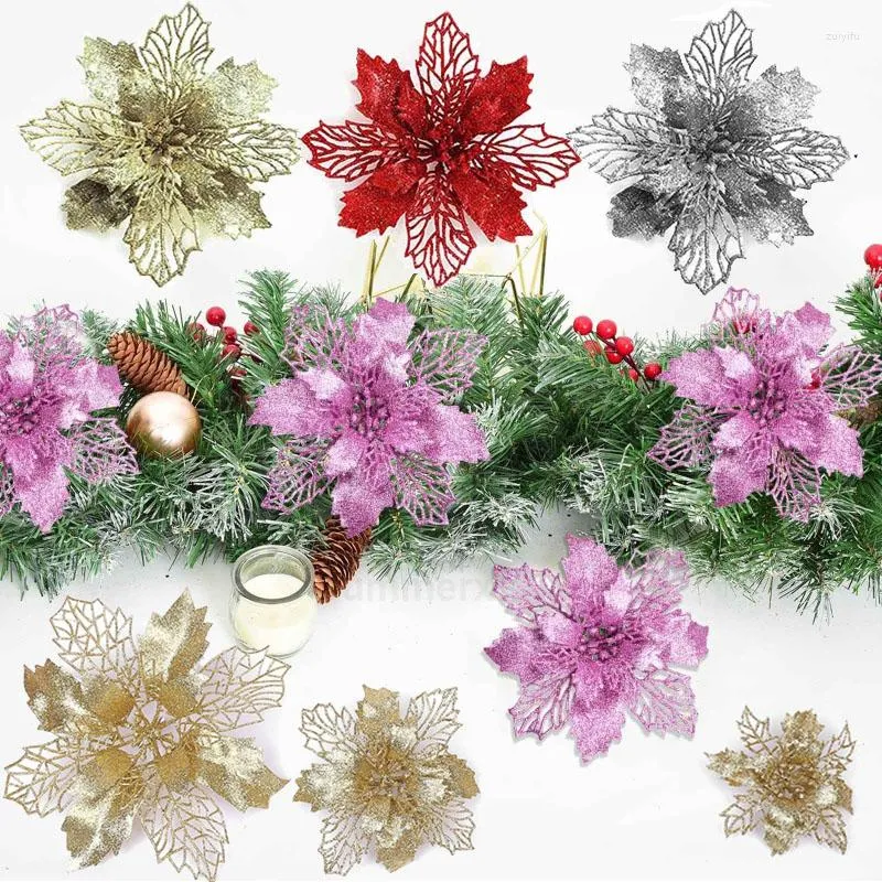 Dekorativa blommor julstjärnor blomma konstgjorda jullekorationer glitter xmas träd ornament diy dekor för kransgräs hemfest
