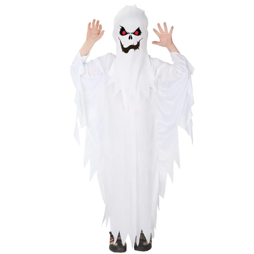 Theme Costume Kids Child Boys Spooky Scary White Ghost Costumes Robe Hood Spirit Halloween Purim Party Carnival Role Play Cosplay 254A