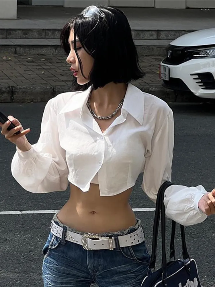 Kadın Tişörtleri Y2K Giysileri Uzun Kol Üst Beyaz Bluz İçi Boş Çıkış Çıkış Sonbahar Yay Katı Katı Turn Sokak Giyim Düğmesi Up Gömlek