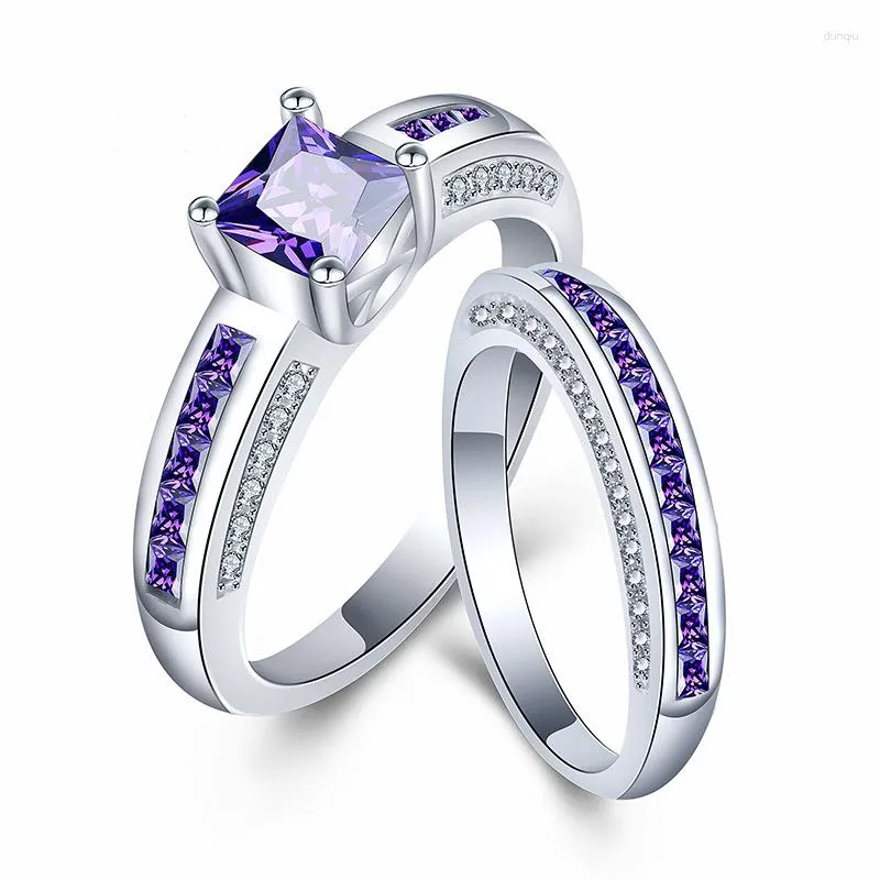 Cluster Rings Luxury 925 Silver Jewelry Ring Set With Amethyst Zircon Gemstones Finger Accessories for Women Wedding Promise Party Gift