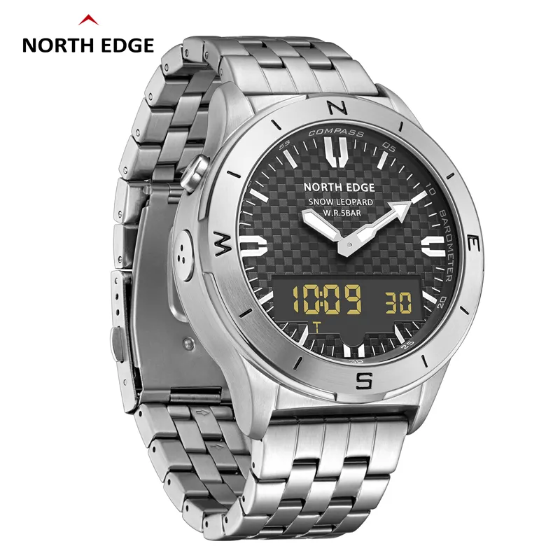 North Edge Men's Digital Sport Watch for Men Steel Band Waterproof 50m Altimeter Barometer Compass Militär armbandsur Relogio