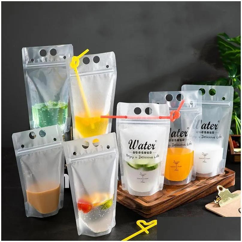 Otro Drinkware Bolsa de bebida de autosellado transparente con St Frosted Plastic Beverage Diy Container Party Fruit Juice Drinks Pouch Drop D Dhu52