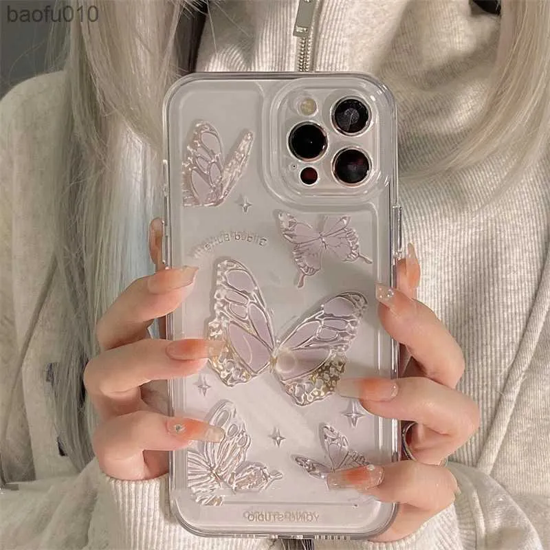 Funda de teléfono transparente con mariposa de cristal para iPhone 14 13 12 11 Pro Max XS X XR 7 8 Plus, funda de parachoques transparente de lujo a prueba de golpes L230619