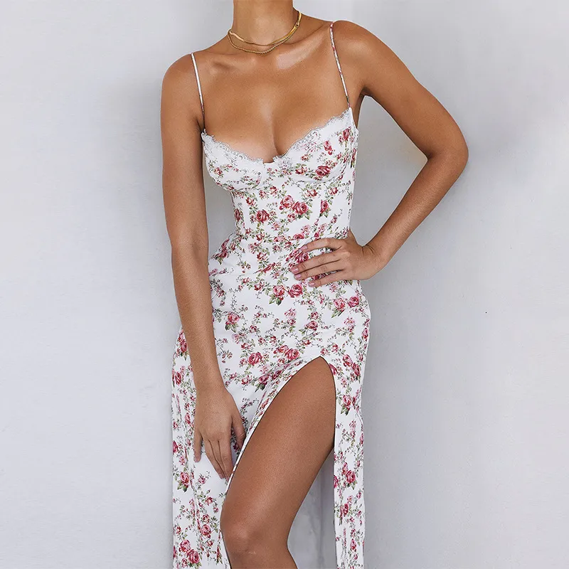 Robes Sexy Urbaines Hugcitar Volants Imprimé Floral Slip Sans Manches Dos Nu Moulante Fente Robe Midi D'été Élégant Vêtements Fête Y2K En Gros 230714