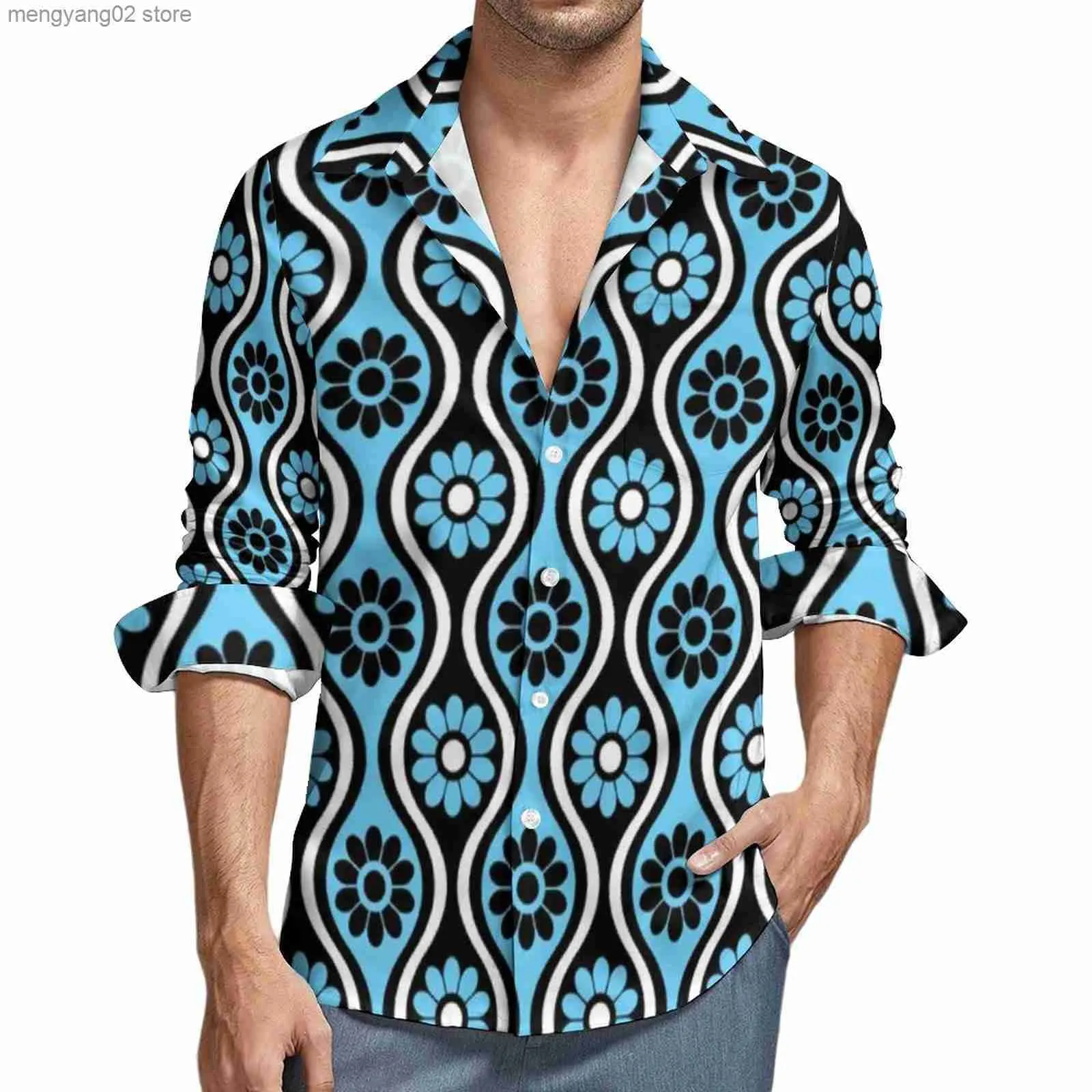 Chemises décontractées pour hommes Style rétro des années 70 Chemises décontractées Hommes Vintage Bleu Motif Chemise À Manches Longues Vintage Élégant Blouses Printemps Personnalisé Top Plus La Taille T230714