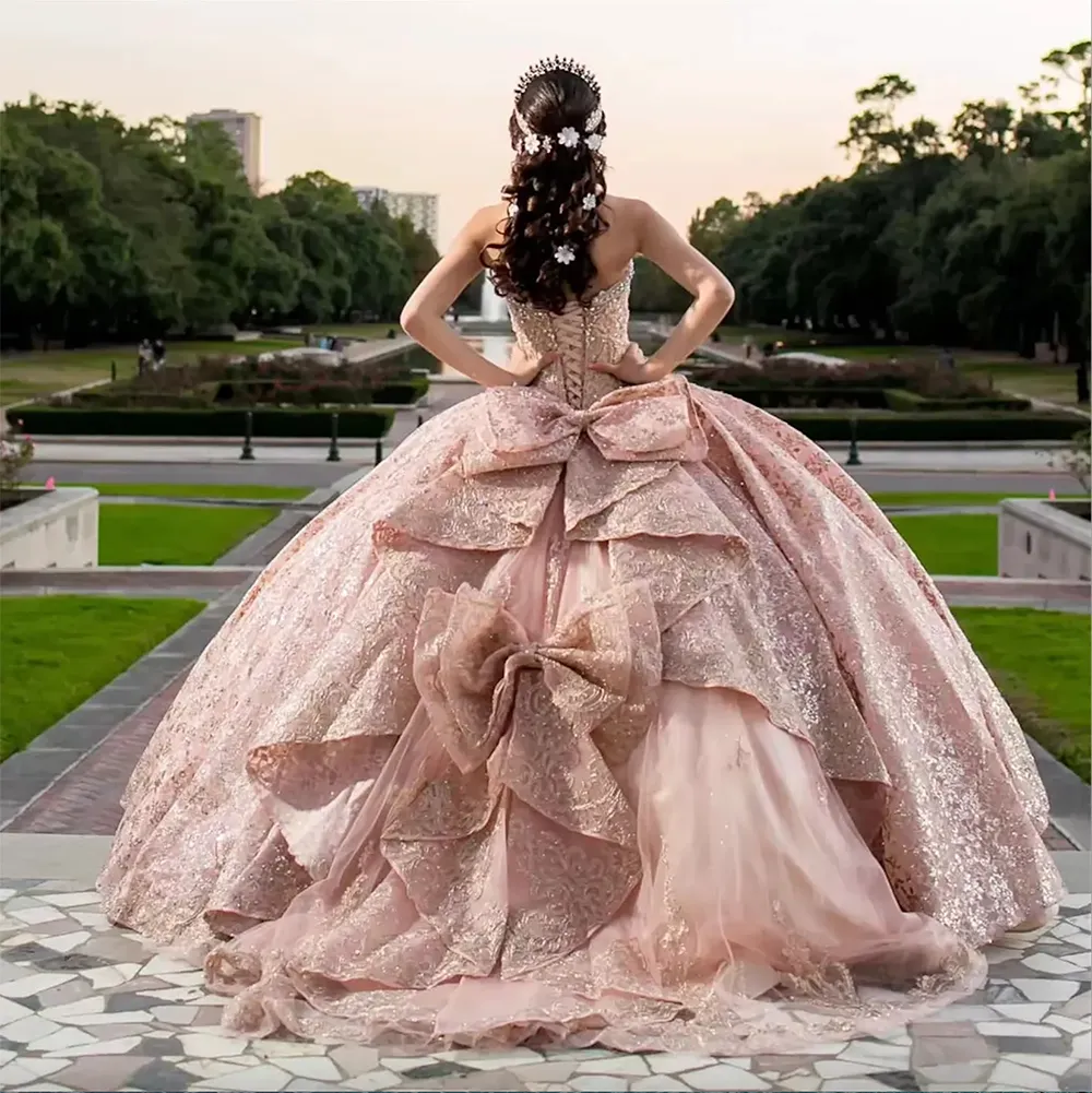 Blush Pink Quinceanera Dresses Ball Gown For Sweet 16 Dress Bow Sequins Graduation Party Princess Gowns Vestido De 15 Anos Plus Size