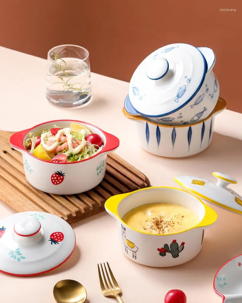 Schüsseln, gedämpftes Ei, Suppenschüssel, Keramik, mit Deckel, speziell für Reis und Vogelnest, Unterglasurfarbenes Geschirr, Cartoon