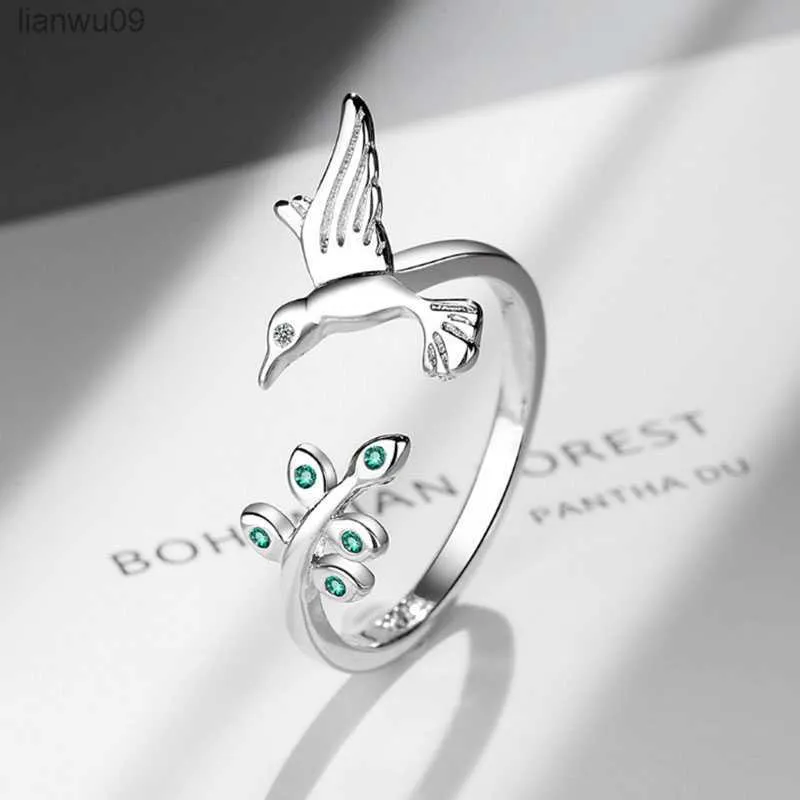 VENTFILLE 925 Sterling Silver Flying Bird Spring Tree Leaves Finger Ring for Women Open Size Hummingbirds Engagement Jewelry L230704