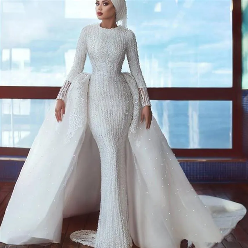 Saudi Arabia Hijab Wedding Dresses with Detachable Train Beading Sequins Mermaid Long Sleeve Muslim Bridal Dresses Gowns232t