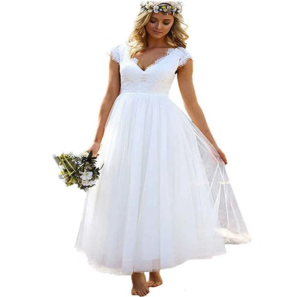 Bohemian Tulle Lunghezza caviglia Sexy Boho Bianco Profondo scollo a V Abito da sposa spiaggia 2019 Hollow A Line Abiti da sposa in pizzo estivo Cap Sleeve275V