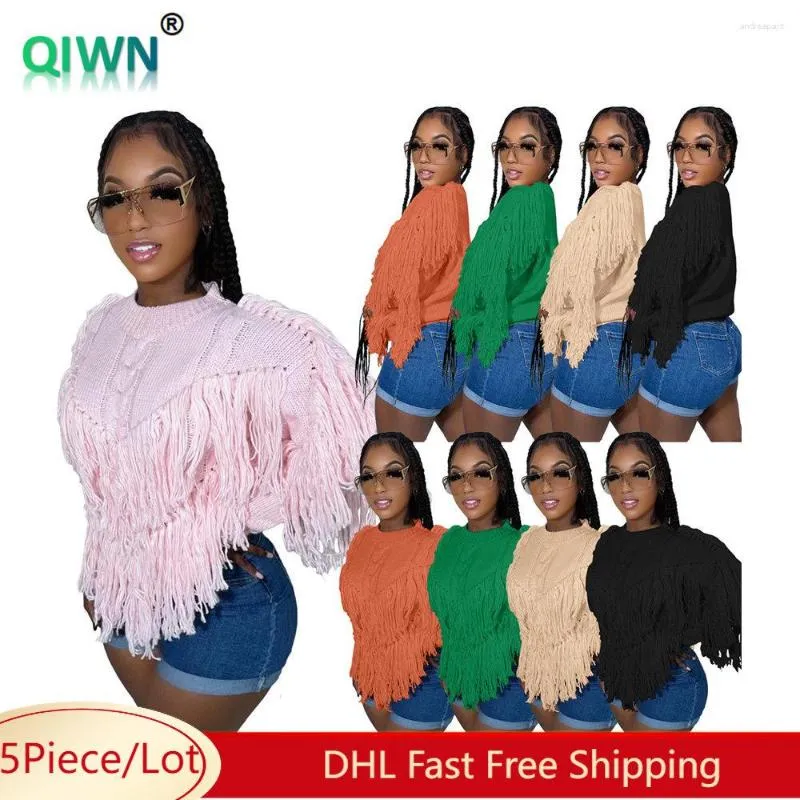 Kadın Sweaters 5 PCS Toplu Toptan Katı Püskül Süvari Kadınlar Sonbahar Kış Örgü Uzun Kollu Üstler Tığ işi Dış Giysiler