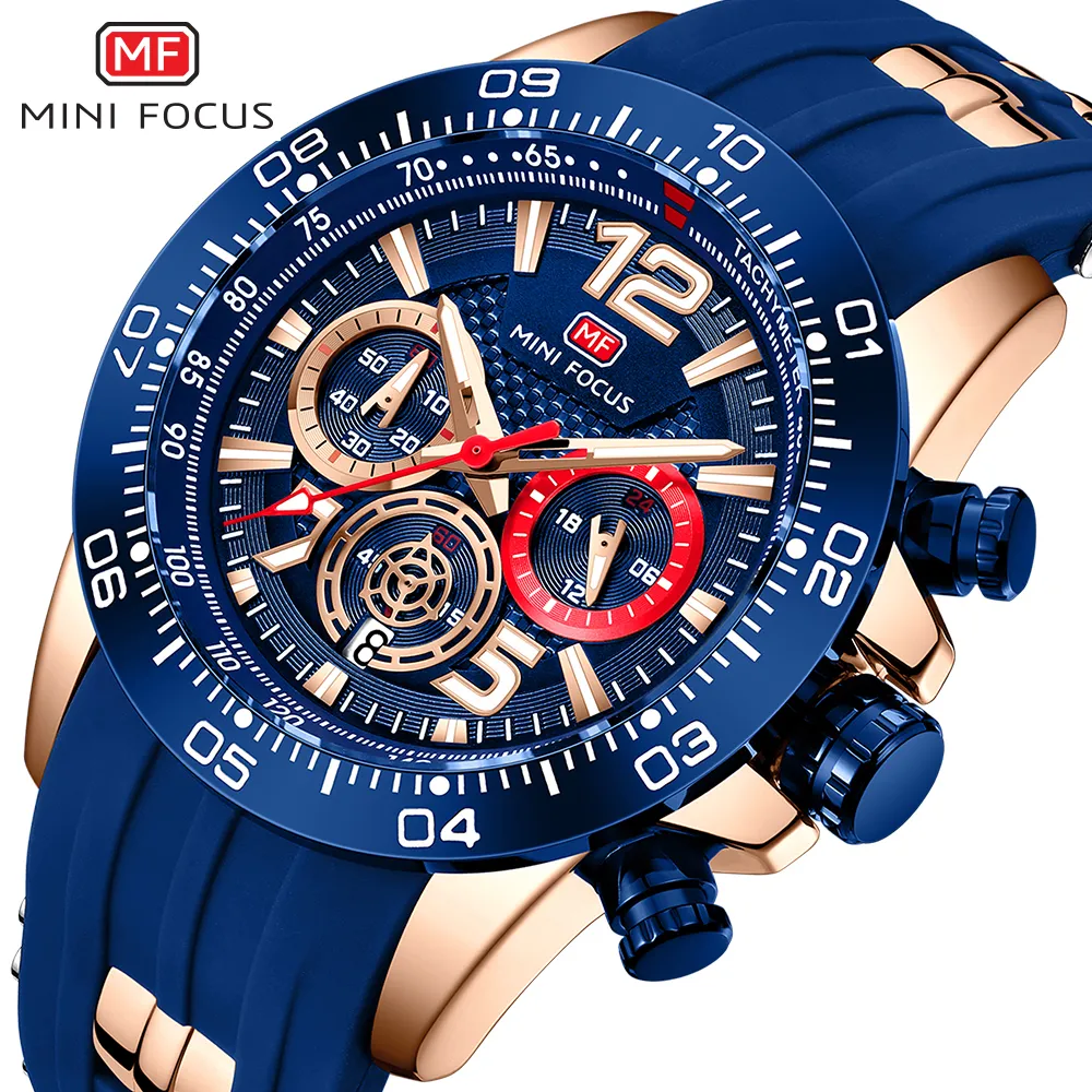 Top luxe modemerk MINI FOCUS heren quartz horloge sport waterdichte lichtgevende chronograaf siliconen band horloges