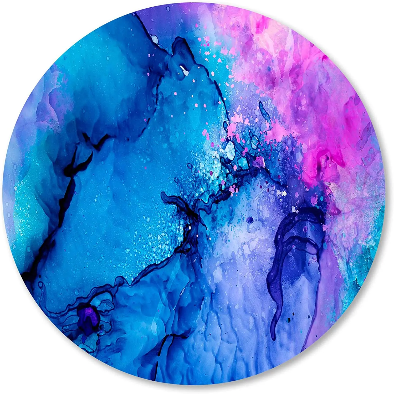 Round Mouse Pad with Ink Painting Design Blue Pink Watercolor Marble Mousepad Personalized Non-Slip Rubber Base Small Mouse Pad