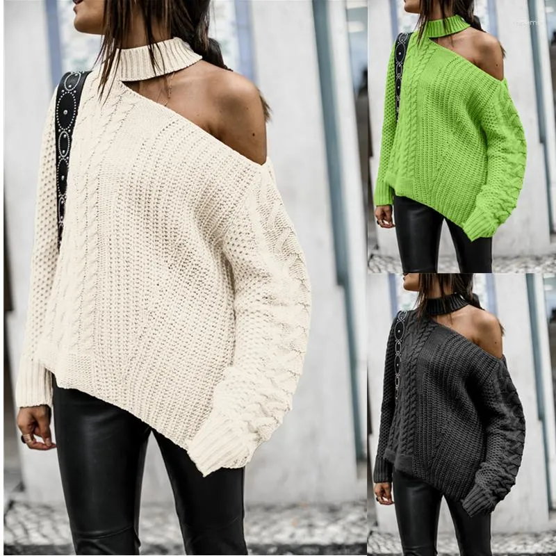 Damenpullover Herbst Winter Faule Lässige Langarm Gestrickte Frauen Pullover Schulterfrei Halfter Solide Jumper Weibliche Streetwear Baggy Top