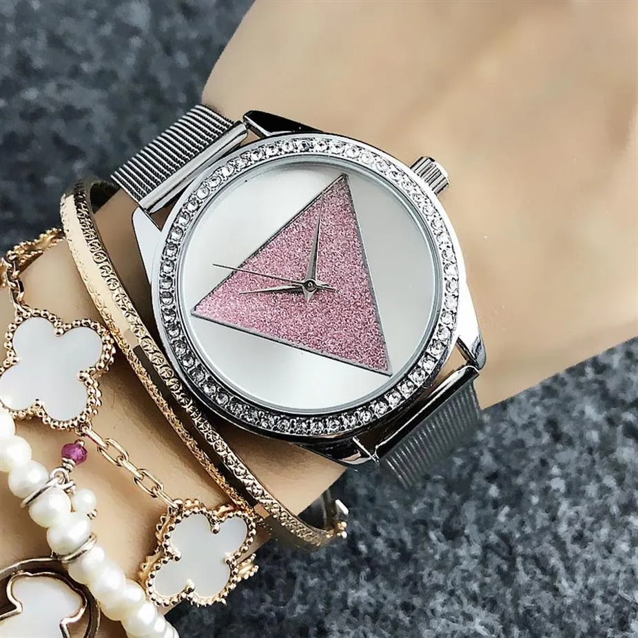 Fashion Wrist Watch for Women Girl Triangular Crystal Style Dial Metal Steel Band Quartz Watches GS22202A