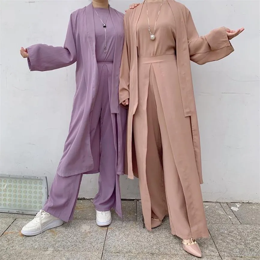 Vêtements ethniques Eid Plain Femmes Tops Avec Pantalon Arabe Turc 3 Pièce Ensemble Assorti Femme Musulmane Kimono Abaya Dubaï Modeste Outfit187K