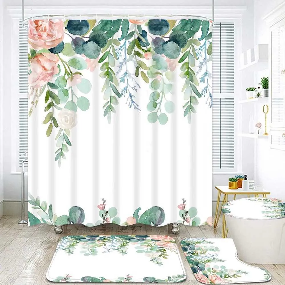 Douche Groene Bladeren Douchegordijn Sets Lente Landelijke Plant Bloem Badkamer Antislip Wc Deksel Cover Tapijt Baden Home Decor