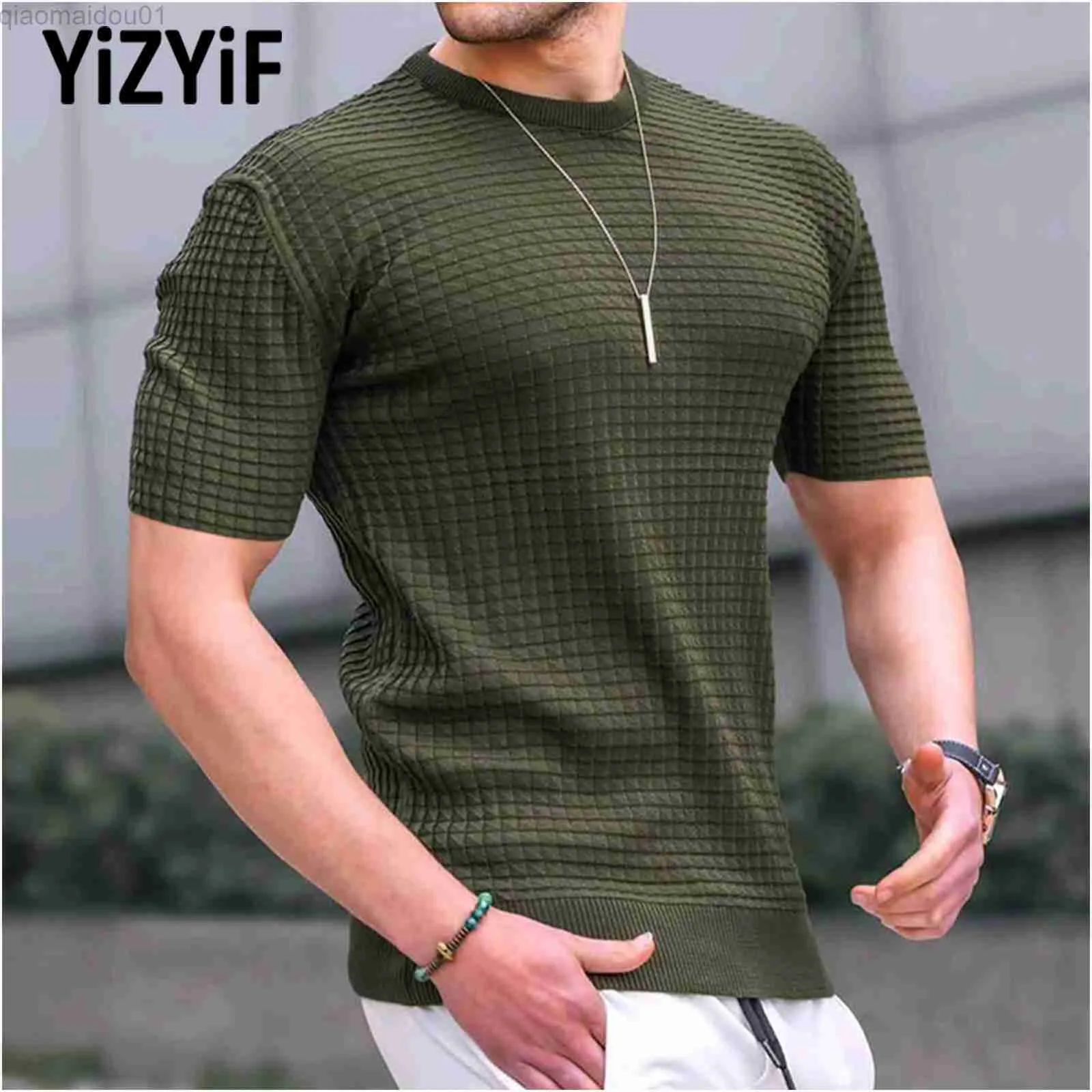 Men's T-Shirts Mens Fashion Lattice Slim Fit T-shirt Casual Sportswear Solid Color Ribbed Hem Round Neck Short Sleeve Tee Top L230713