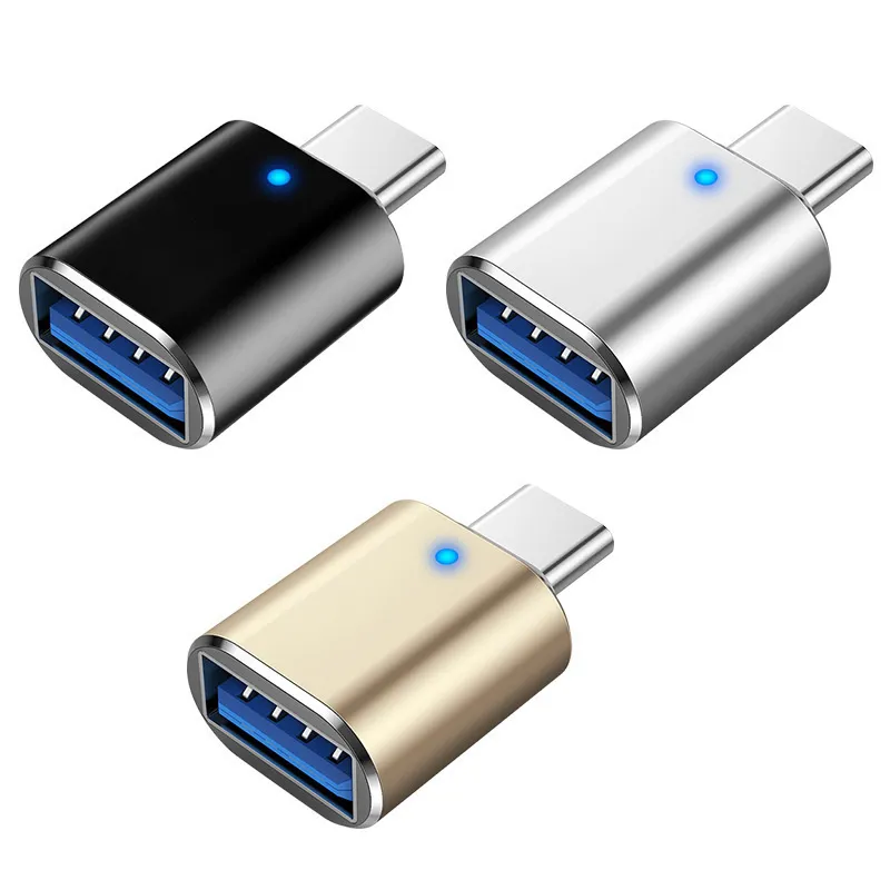Adaptador USB de alumínio USB 3.0 para dispositivo tipo C Concha de alumínio USB com luz azul para MacbookPro Xiaomi Huawei Type-C OTG Converter