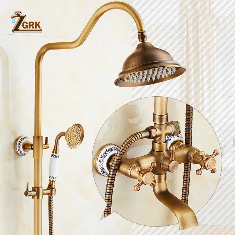 Bathroom Shower Heads ZGRK Antique Rain Faucets Set with Hand Wall Mounted Brass Mixer for Bath Rainfall 230713