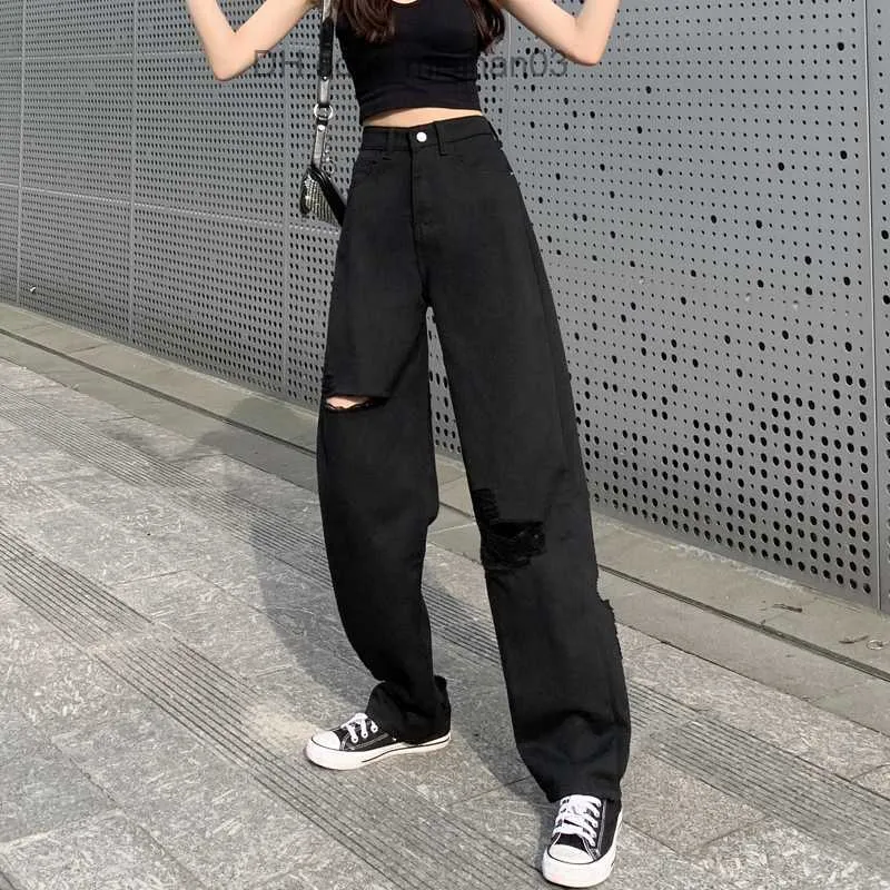Jeans da donna S-5XL jeans mop da donna fori retrò abiti da strada Harajuku denim strappato gambe lunghe impero nero Urzan design popolare Ins Z230717
