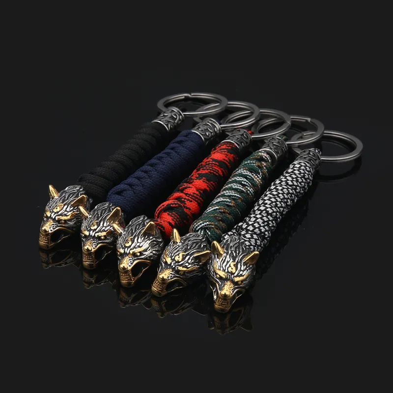 Viking Style Wolf Head Pendant Keychain Hand-knitted Key Chain for Men