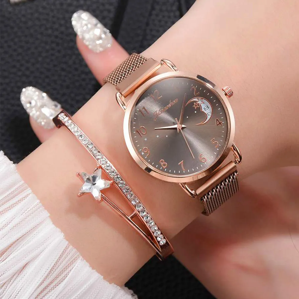 Wristwatches Luxury Women Watches Moon Numbers Dial Bracelet Watch Set Ladies Magnetic Quartz Wristwatch Female Dress Clock Relogio Feminino 230713