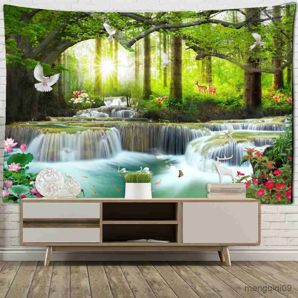Tapestries Dome Cameras Mountain Waterfall Tapestry Wall Hanging Forest Natural, Tapestry Home Decor Polyester Table Cover Forest Night Tapestry R230714