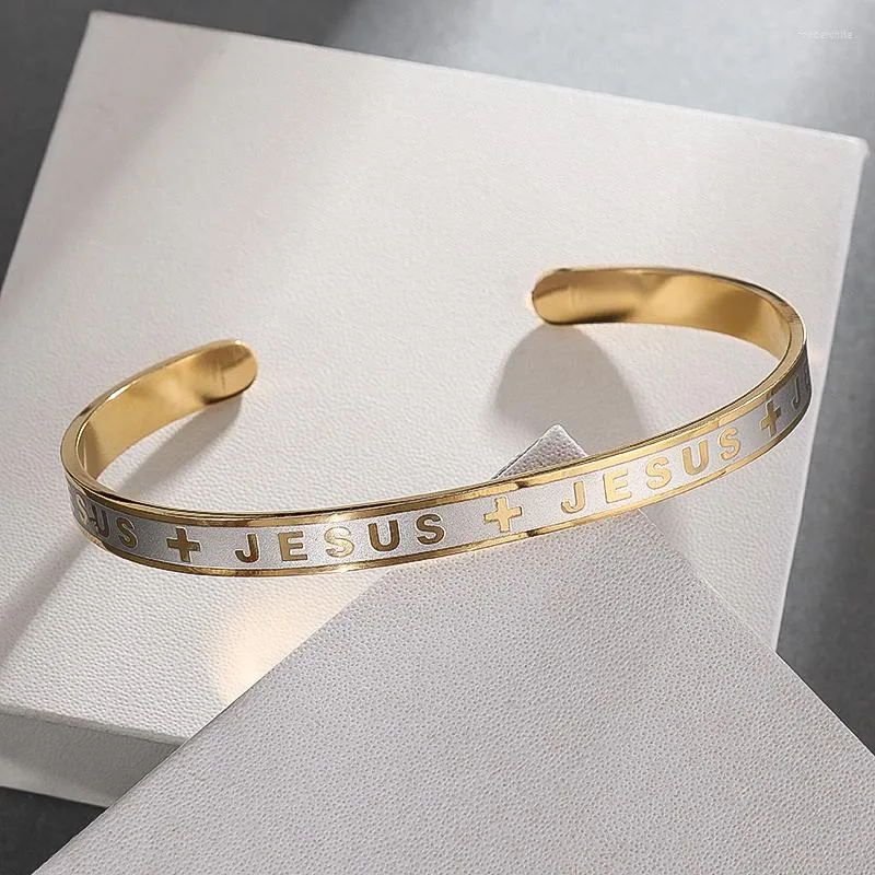 Stainless Steel Jesus Cross Shelf bangle bracelets with Yellow and White Letters Religious Prayer Jewelry for Men and Women