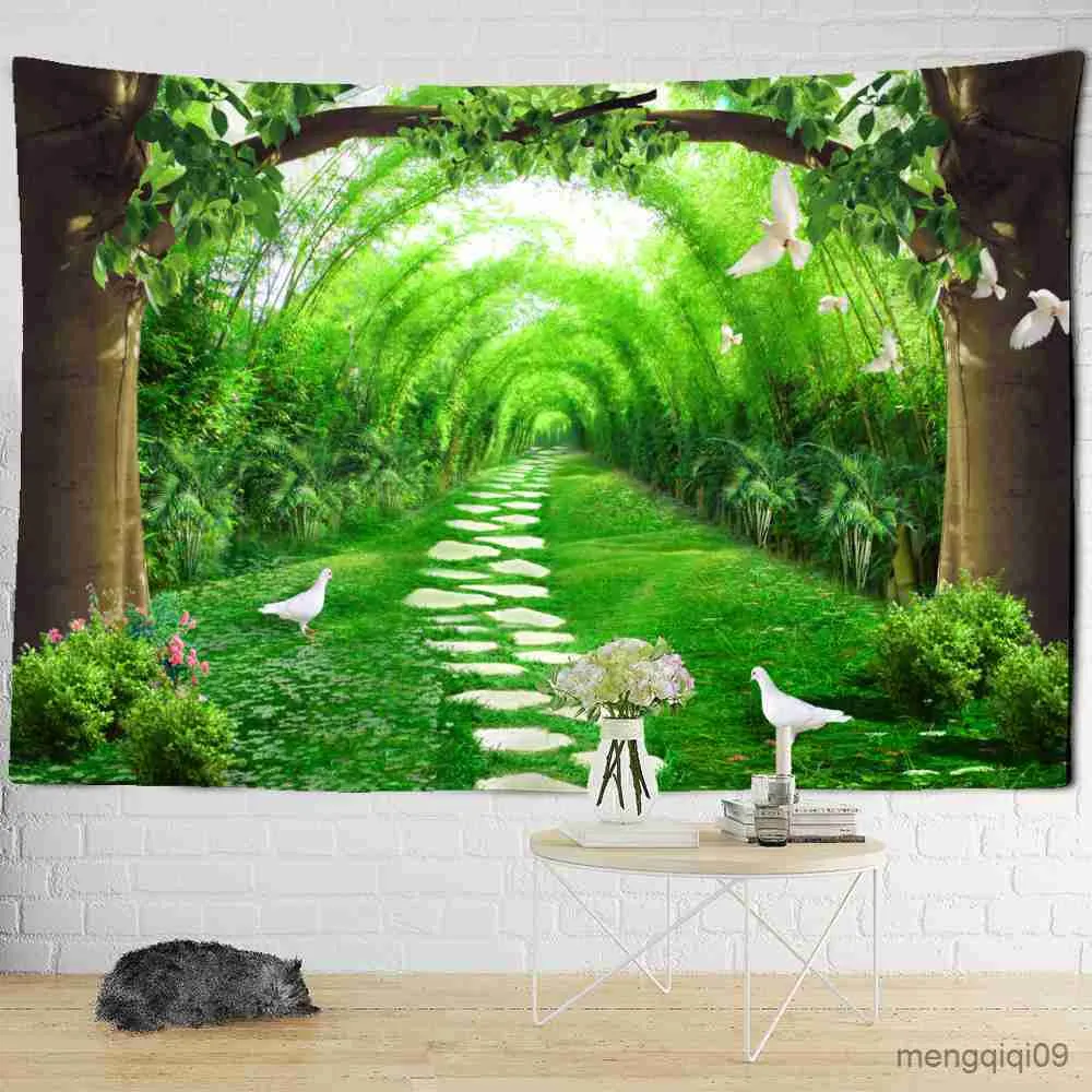 Tapisseries Dôme Caméras Route De Pierre Dans La Forêt Tapisserie 3D Paysage De Forêt Tenture Murale Style Bohème Pigeon Arbre Scène Décor À La Maison R230714