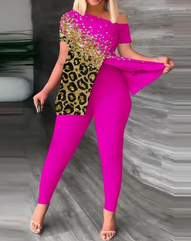 Frauen Zwei Stück Hosen Mode 2023 Sommer Casual Damen Sets Outfit Kontrast Leopard Print Skew Neck Slit Top Set