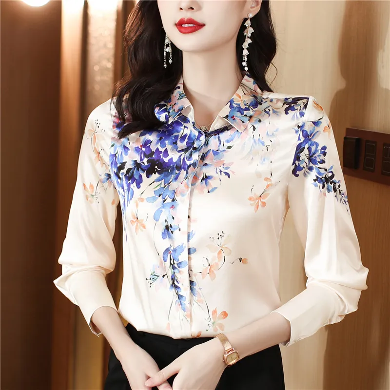 2023 Luxury Women's Designer Shirt Silk Top Plus Size Long Sleeve Lapel Blues Office Ladies Runway Printed Button Up Shirts189V