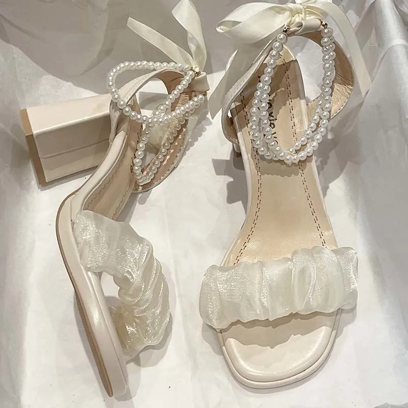 Sandals Clear Heels Party Sandals Woman Cross Buckle Strap Female Shoe Med Cross-Shoes High Girls Medium Fashion Summer Block Bow 230713