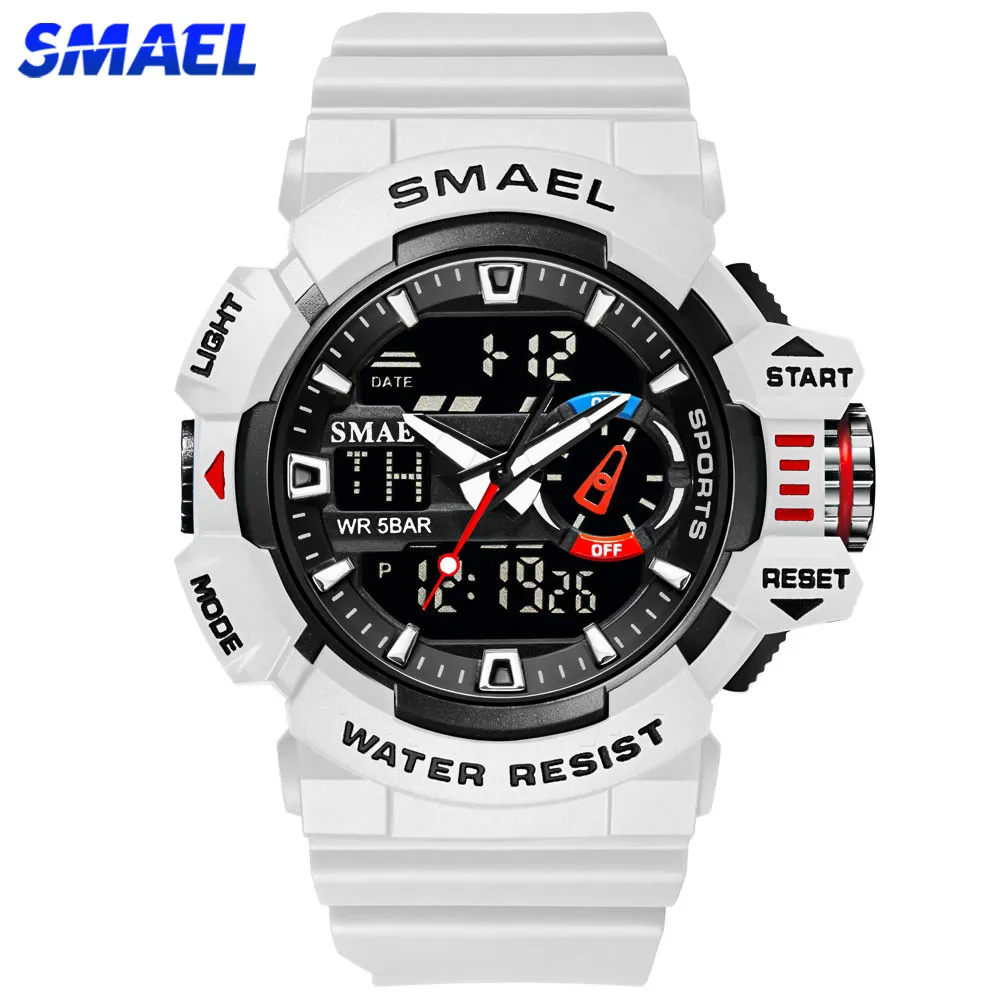 Smael Military Watches Men Sport Watch 방수 손목 시계 스톱워치 알람 LED 조명 디지털 시계 남자 대형 다이얼 시계 8043
