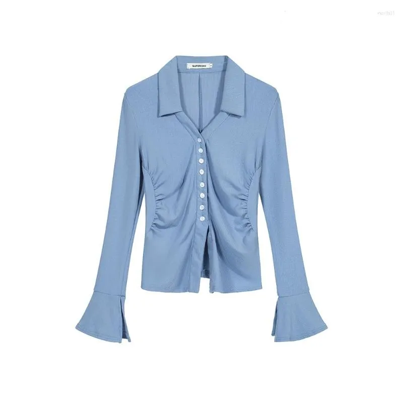 Damesblouses Polohals Spreker Blauw overhemd met lange mouwen Lente-zomerstijl Chique vrouwelijk Sexy nauwsluitend vest met enkele rij knopen