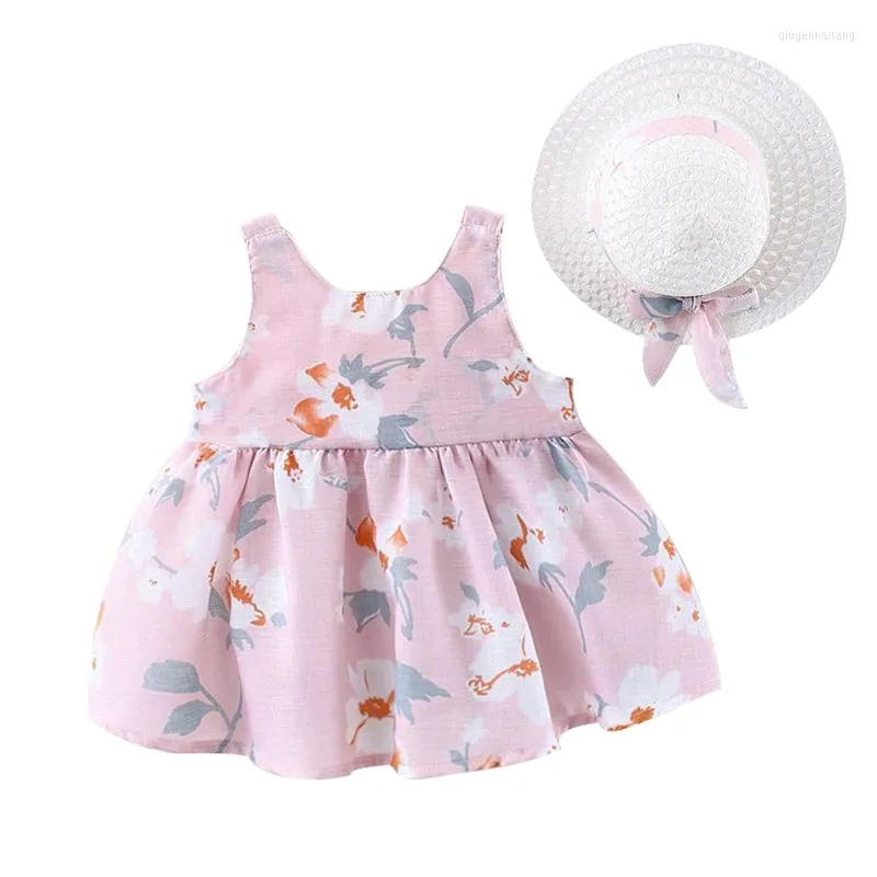 Vestidos de niña de 2 piezas, conjunto de ropa de verano para niños pequeños, flores coreanas, bonito lazo, sin mangas, de algodón, vestido de playa para bebé, sombrero para el sol, BC005-1