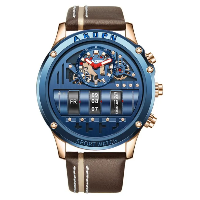 AKDPBN Personalidad única Relojes de cuarzo Domic Big Dial Cuero real Stap Reloj para hombre Diseño de rodillo creativo Calendario luminoso Male256o