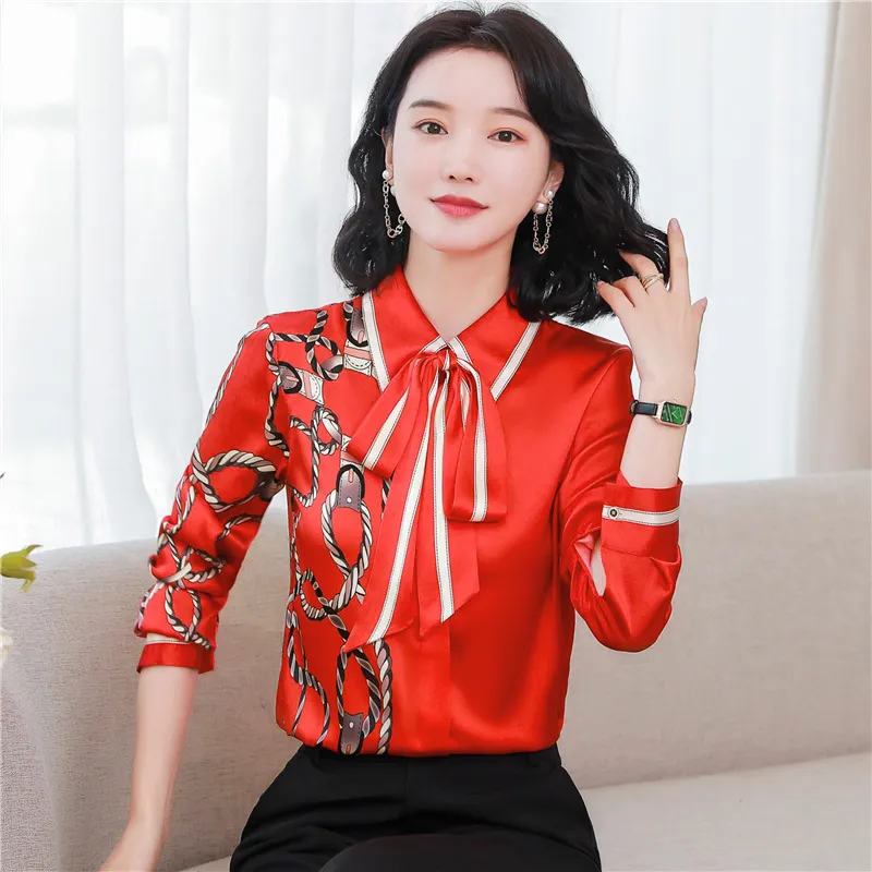 2023 Designer Floral Printed Silk Shirt Women For Women Elegant Long Sleeve Office Dress With Neck Bow Silk Button Sweet Girl Chic Satin Blouse In Red From Happyclothes1314 17.27 DHgate.Com