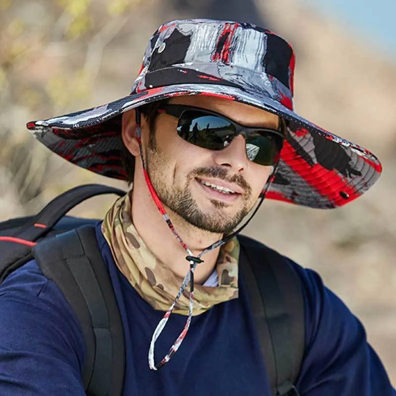 Men's Hat Hunting Fishing Cap Outdoor Wide Brim Camo Sun Cap Mesh