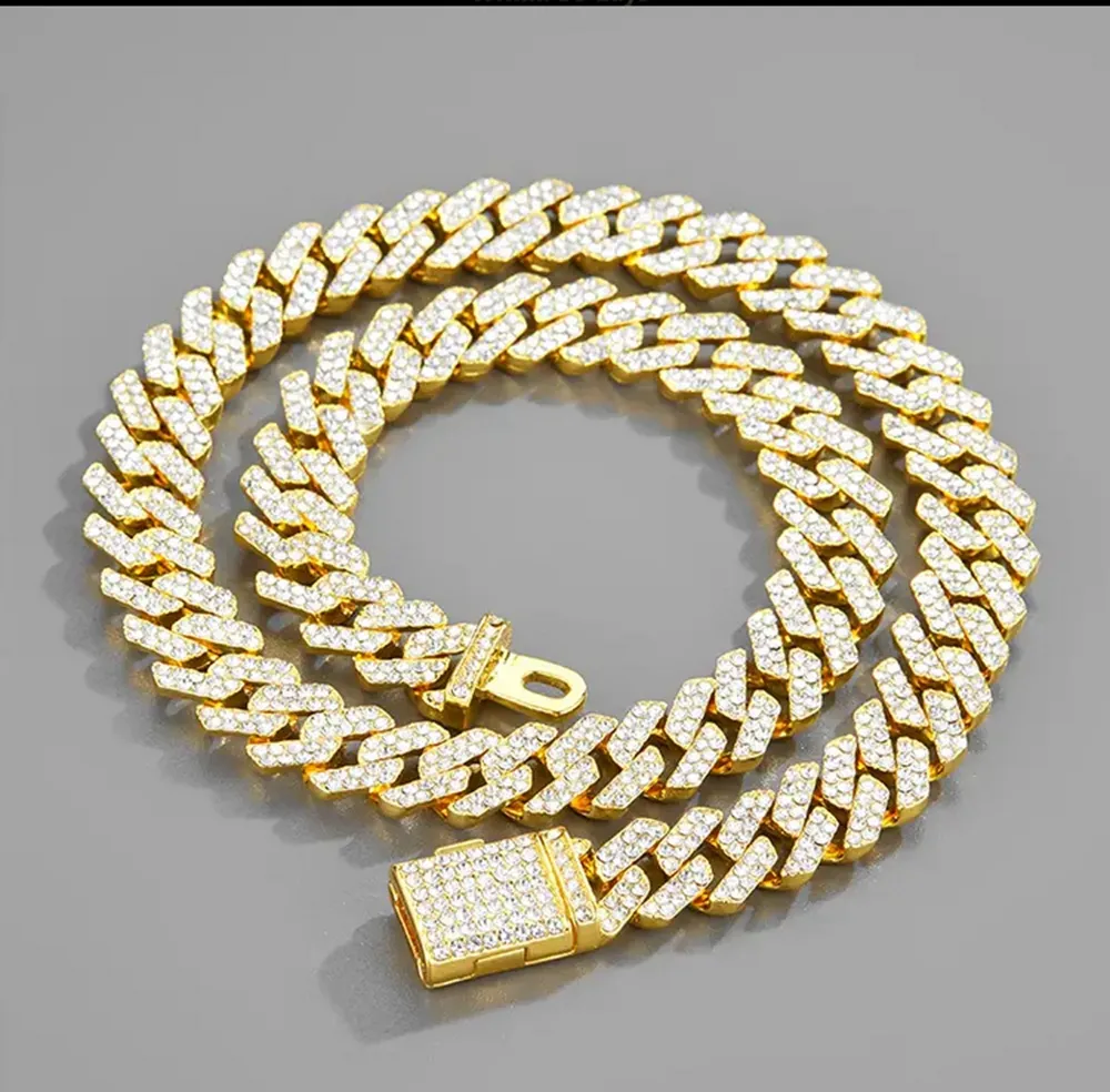 Cuban Link Chain Mens Iced Out Miami Cuban Necklace Artificial Diamond Chain For Men Women Bling Hip Hop