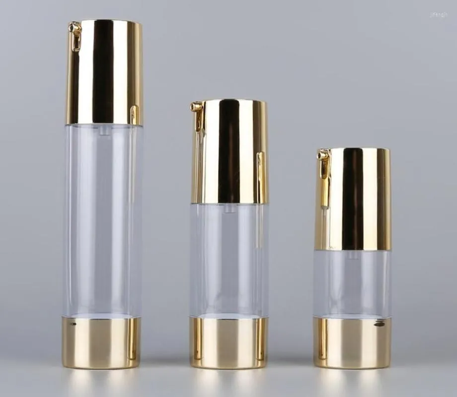 Bottiglie di stoccaggio 50 ml Bottiglia airless trasparente Pompa d'oro Lozione Emulsione Siero Toner ialuronico ANTI SOLE Essenza Cura della pelle Confezione cosmetica