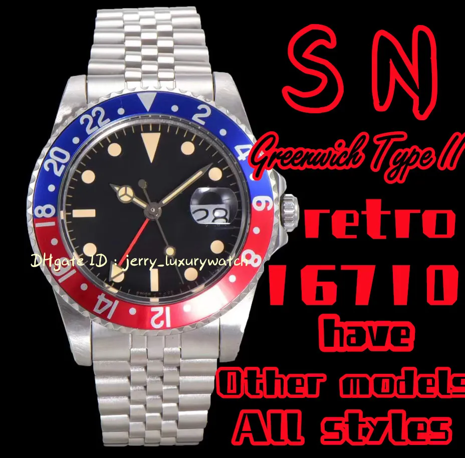 Sn 16710 Retro Greenwich Type II GMT Luksusowy zegarek męski 2836-2 Ruch mechaniczny 904L Stal nierdzewna 40 mm Dual Time Business Business Band Casual Three Trzy trzy