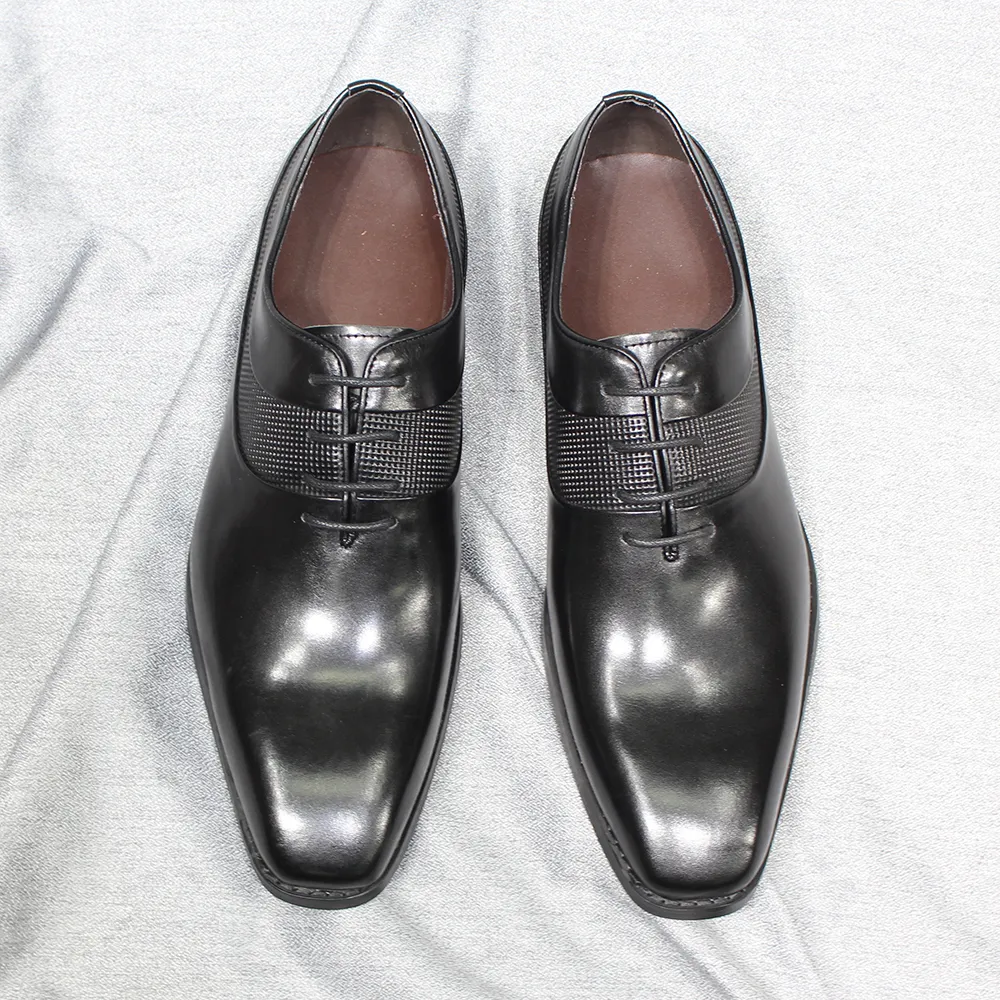 Klassisk snörning av män Oxfords äkta läder Plain Toe Office Dress Shoes For Men Handmade Wedding Party Formal Oxford Footwear