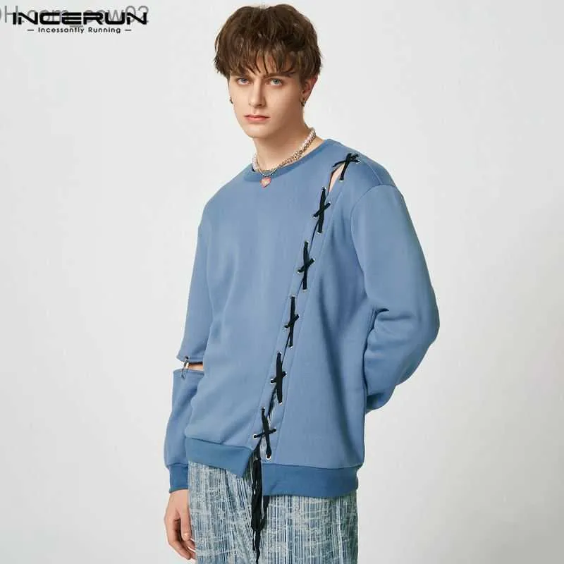 Men's Hoodies Sweatshirts Men's Socks INCERUN 2023 Men's Hoodie Strap Hollow O-Neck Long Sleeve Patch Work Sweater Street Fashion Casual Zipper S-5XL Z230717