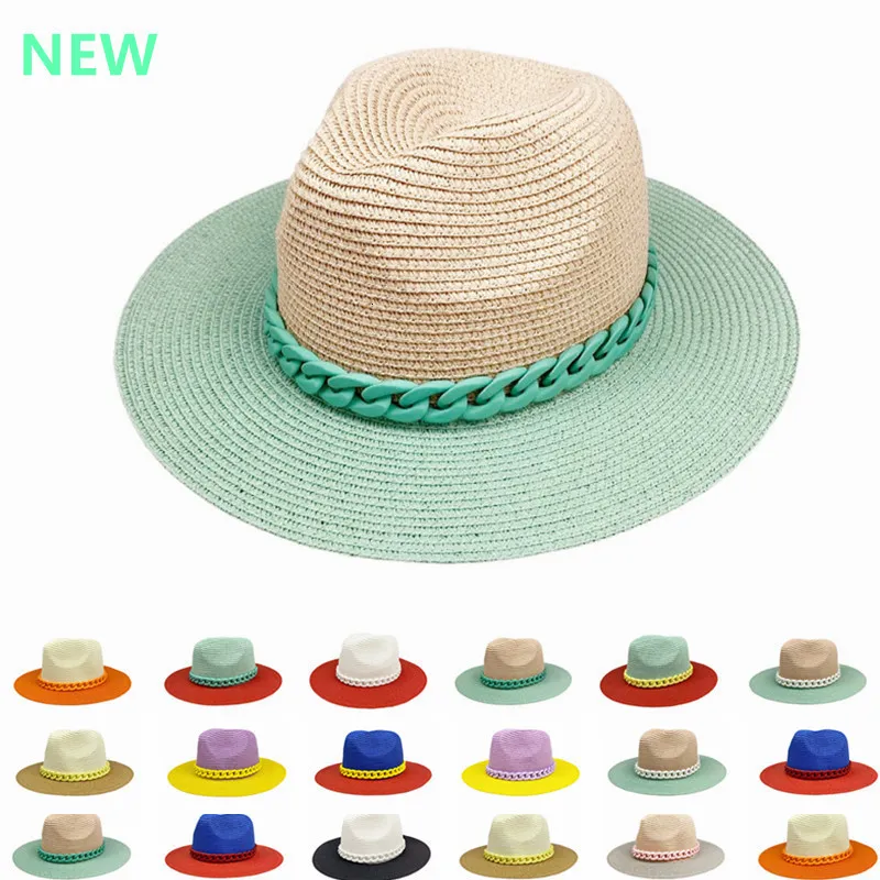 Breda randen hattar hink hattar kvinnor sol hatt sommar lapptäcke halm strand hatt bred brim panama män uv skydd cap chapeau femme socker kedja 230713