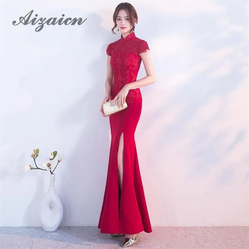 Moda novia sirena roja vestidos de noche chinos Cheongsam largo Sexy Vestido Oriental tradicional Vestido de novia mujeres Qipao266s