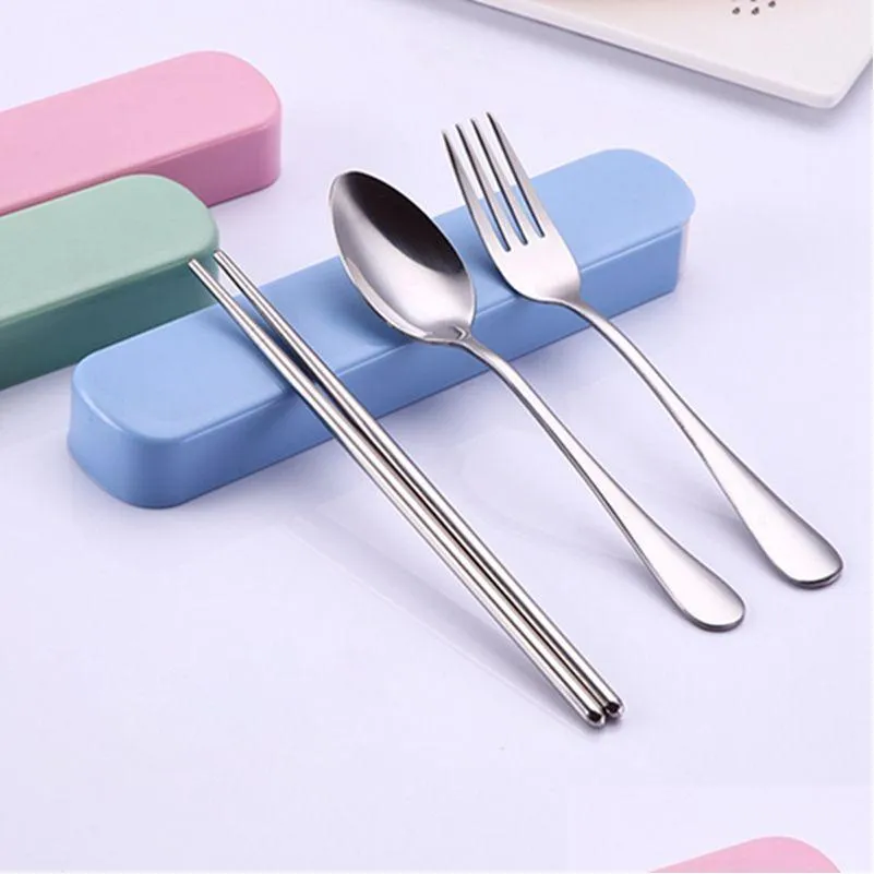Dinnerware Sets Outdoor Picnic Portable Stainless Steel Tableware Set Activity Travel Three-Piece Fork Spoon Chopsticks With Pp Box Dh7Os