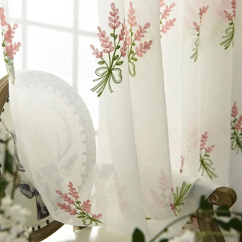 Vorhang Romantische Lavendel Stickerei Tüll Vorhänge für Wohnzimmer Schlafzimmer Rosa Lila Blume bestickt Balkon Fenster Bildschirme Voile