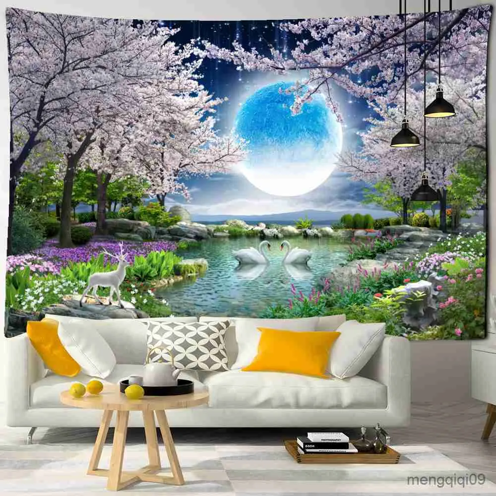 Tapissries Dome Cameras Moon at Sea Tapestry Cherry Blossom Forest Path Wall Hanging Tapestry Home Decor Polyester Table Cover Night Tapestry R230714